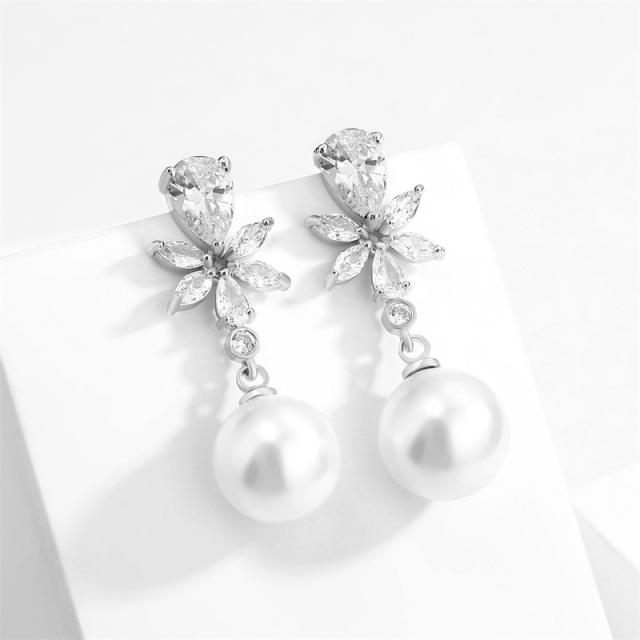 Elegant cubic zircon flower pearl drop copper earrings