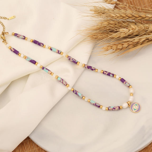 Boho purple color evil eye pendant bead necklace