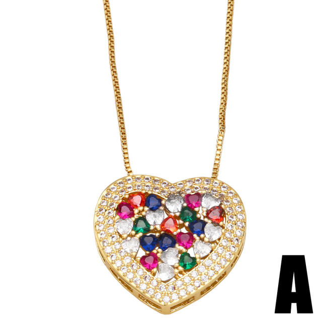 Hiphop color cubic zircon flower heart pendant copper necklace