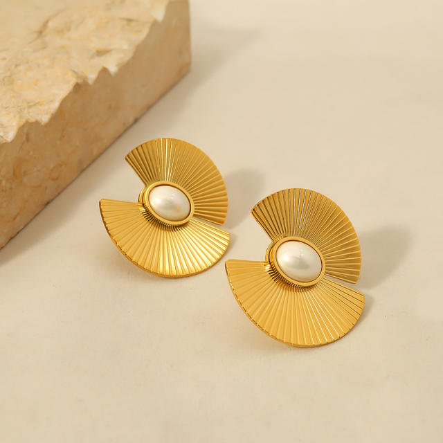 18K real gold plated fan shape pearl stainless steel earrings