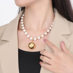 Chunky stainless steel ball pearl bead elastic necklace