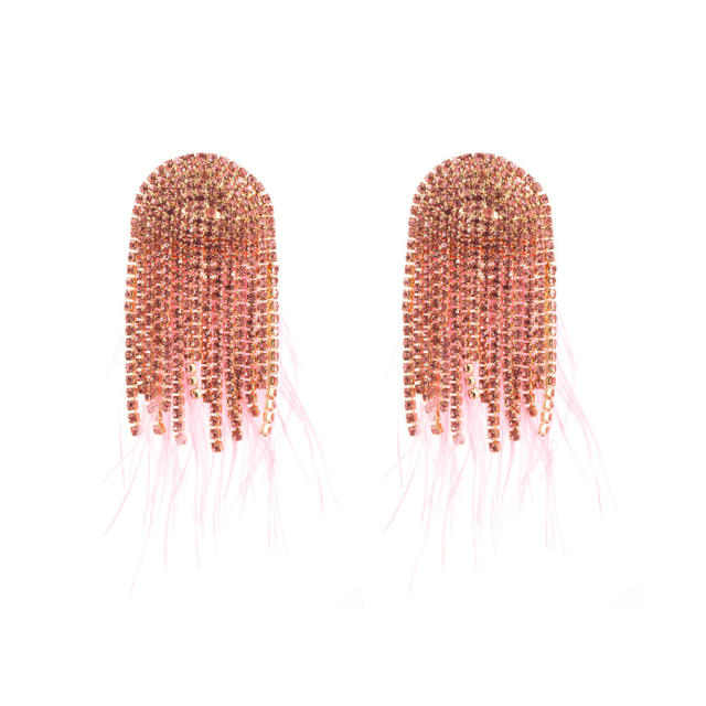 Luxury full rhinestone tassel feather earrings