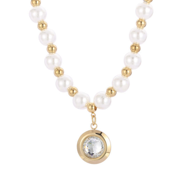 French trend pearl bead stainless steel round pendant necklace