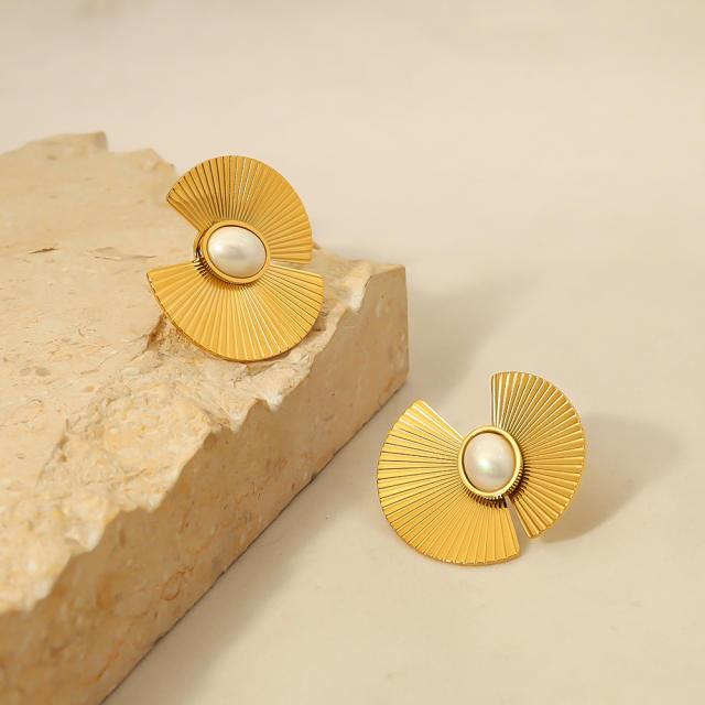 18K real gold plated fan shape pearl stainless steel earrings