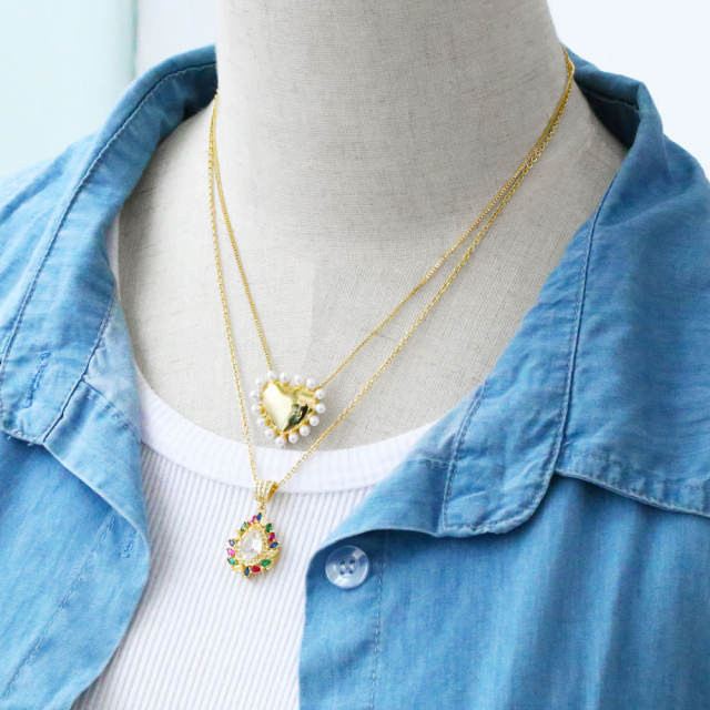 Sweet design heart pendant rainbow cubic zircon copper necklace