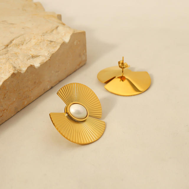 18K real gold plated fan shape pearl stainless steel earrings