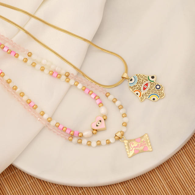Boho sweet pink color hasma pendant bead necklace