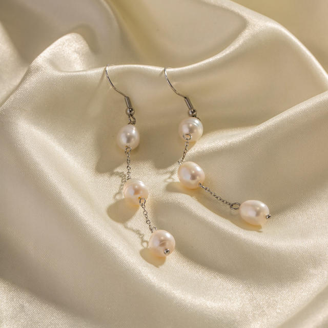 Water pearl stainless steel long earrings