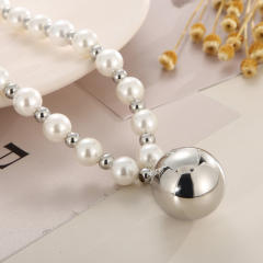 Chunky stainless steel ball pearl bead elastic necklace