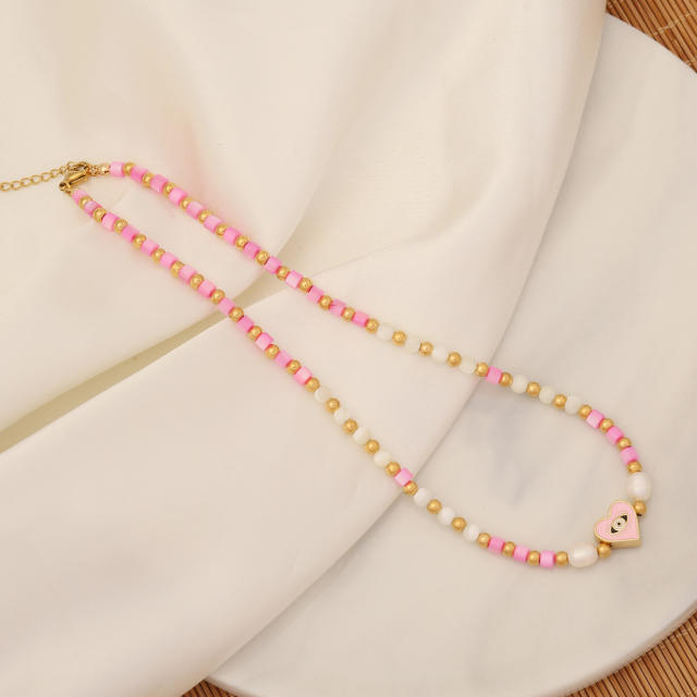 Boho sweet pink color hasma pendant bead necklace