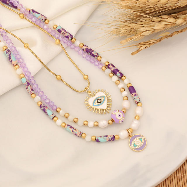 Boho purple color evil eye pendant bead necklace