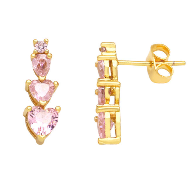 Sweet pink white heart cubic zircon copper studs earrings