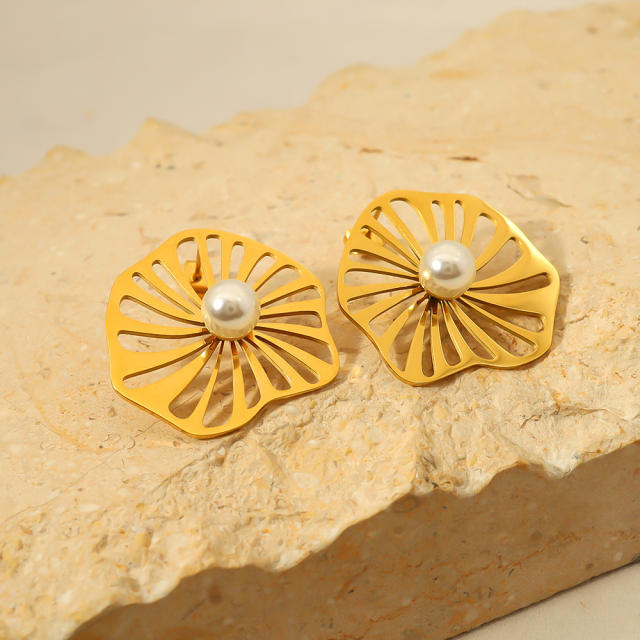 18K gold plated hollow lotus pearl stainless steel earrings