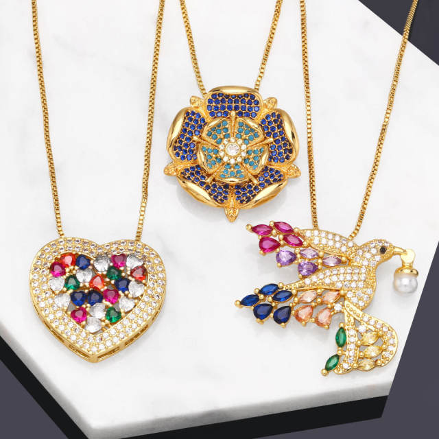 Hiphop color cubic zircon flower heart pendant copper necklace