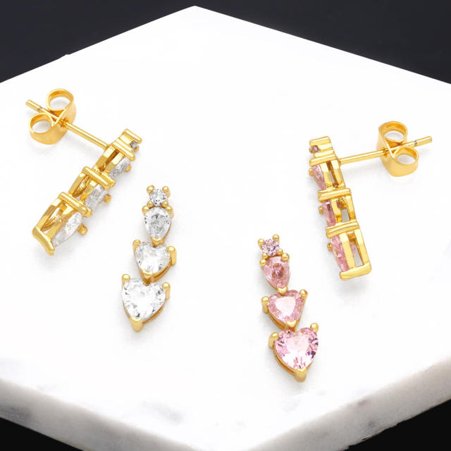 Sweet pink white heart cubic zircon copper studs earrings