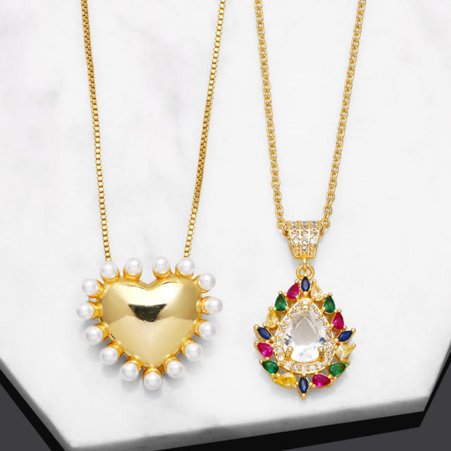 Sweet design heart pendant rainbow cubic zircon copper necklace