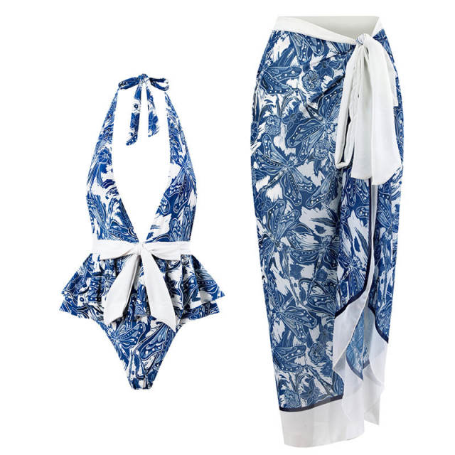 Vintage blue color flower one piece swimsuit set