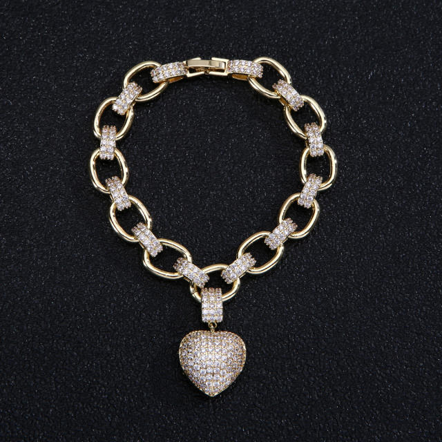 Luxury pave setting cubic zircon heart copper chain necklace bracelet