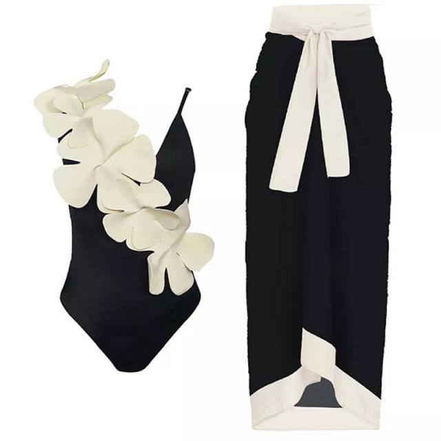 One piece black color flower swimsuit set