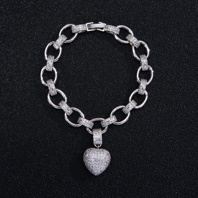 Luxury pave setting cubic zircon heart copper chain necklace bracelet