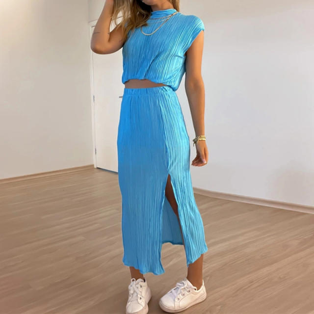 Spring summer plain color midi skirt tops set