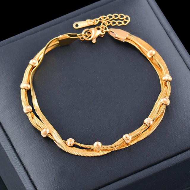 Classic design three layer snake chain lucky bead stainless steel bracelet