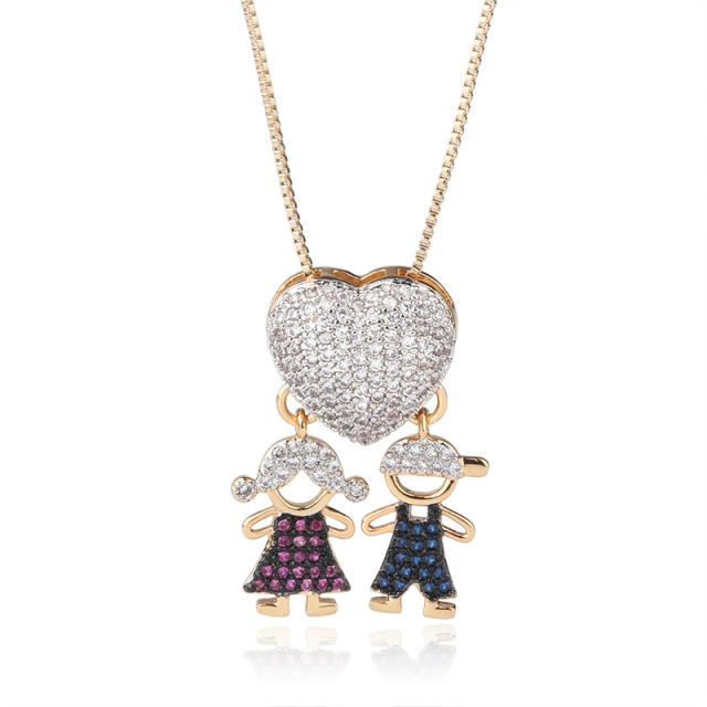Delicate cute boy and girl diamond pendant copper necklace