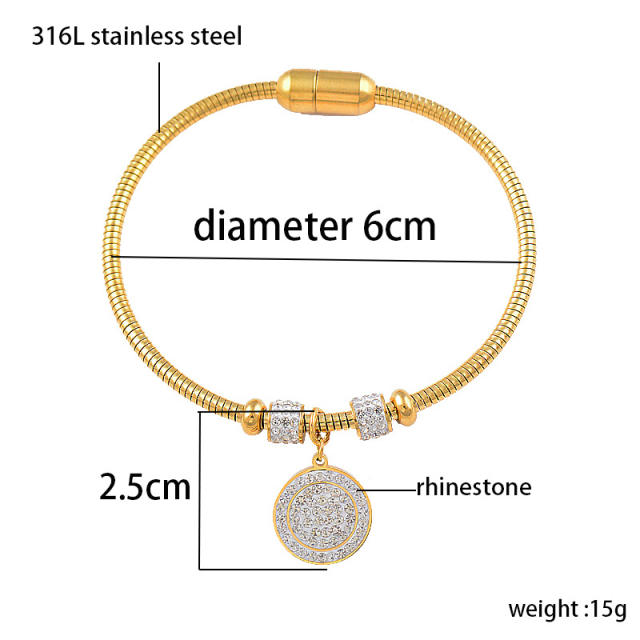 Hollow out life tree round charm stainless steel bangle