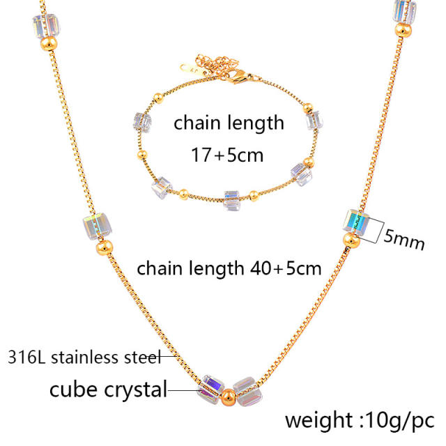 Crystal square stainless steel necklace bracelet