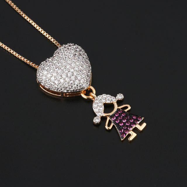 Delicate cute boy and girl diamond pendant copper necklace