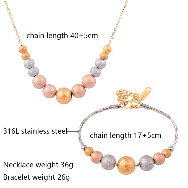 3 color frost bead stainless steel necklace set