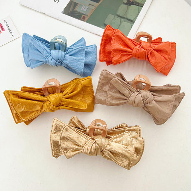 Vintage pu leather plain color bow hair claw clips