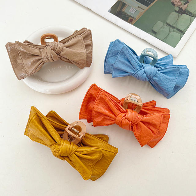 Vintage pu leather plain color bow hair claw clips