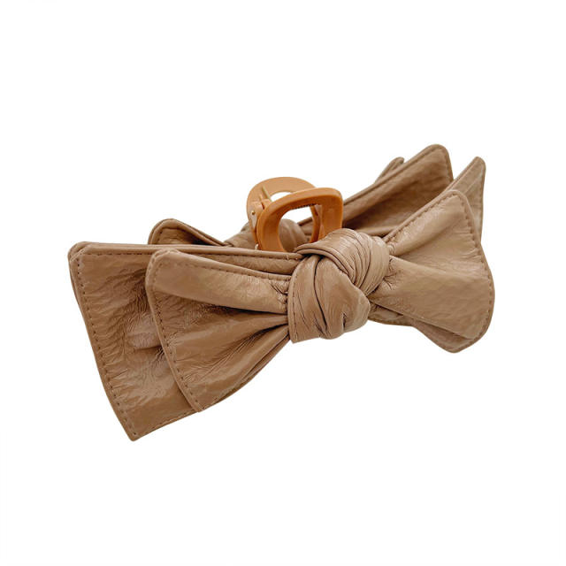 Vintage pu leather plain color bow hair claw clips