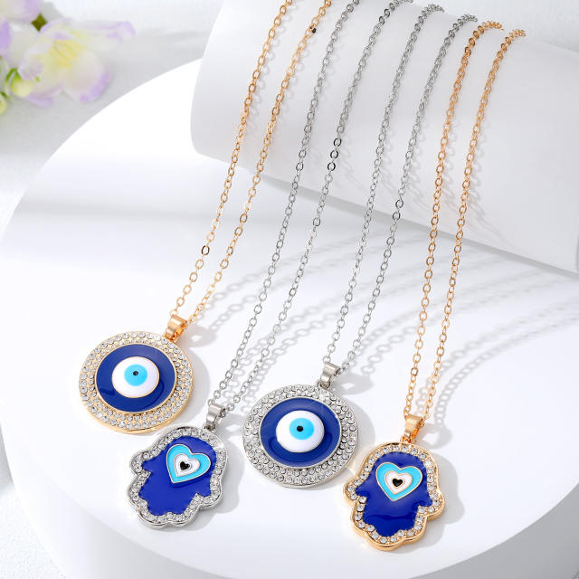 Rhinestone blue evil eye pendant necklace