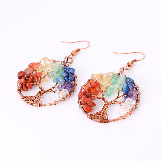 Handmade brozne colorful crystal stone life tree earrings