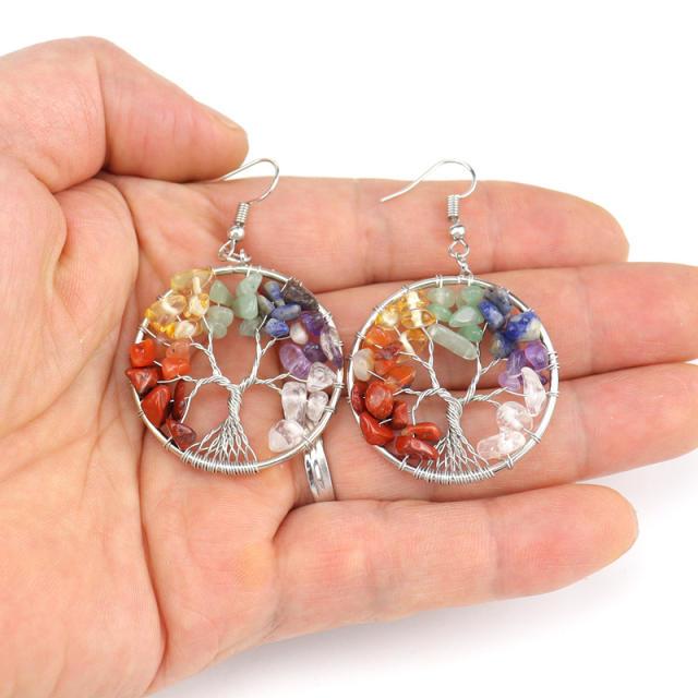 National trend colorful crystal stone life tree earrings