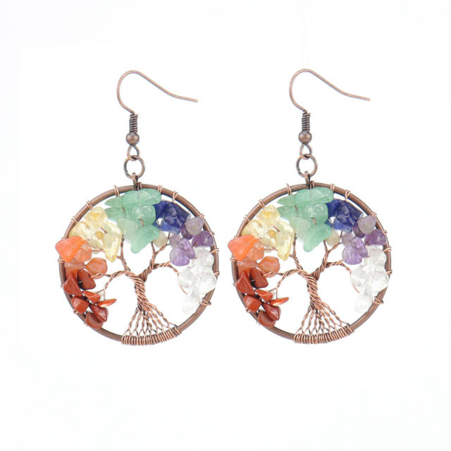 National trend colorful crystal stone life tree earrings