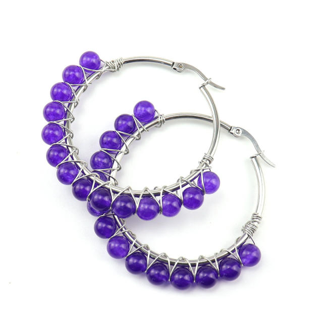 Boho colorful crystal stone bead hoop earrings