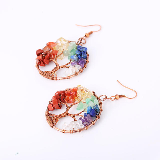 Handmade brozne colorful crystal stone life tree earrings