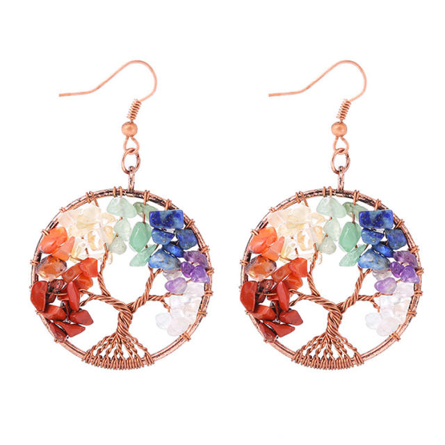 Handmade brozne colorful crystal stone life tree earrings