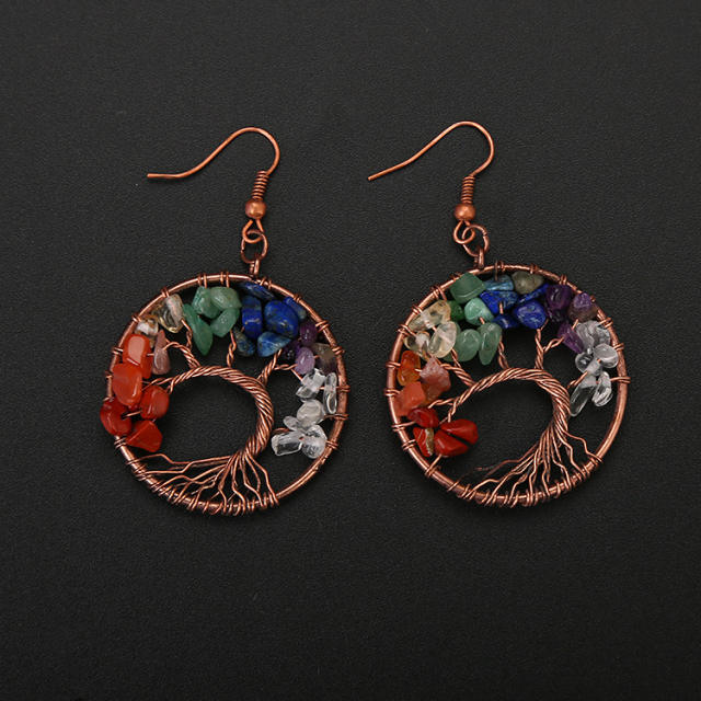 Handmade national crystal stone life tree earrings