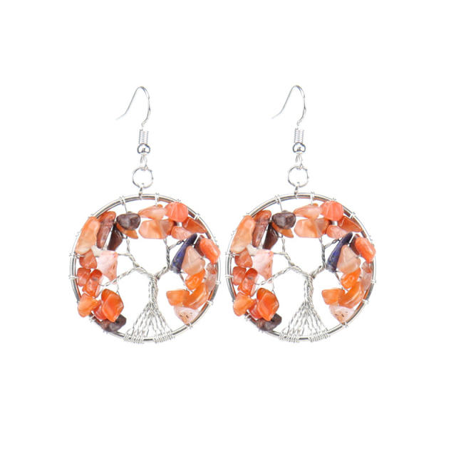 National trend colorful crystal stone life tree earrings