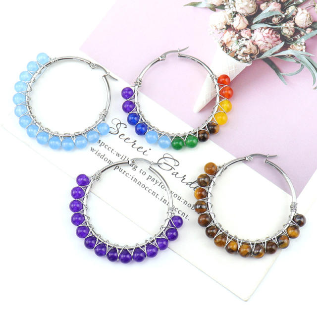 Boho colorful crystal stone bead hoop earrings