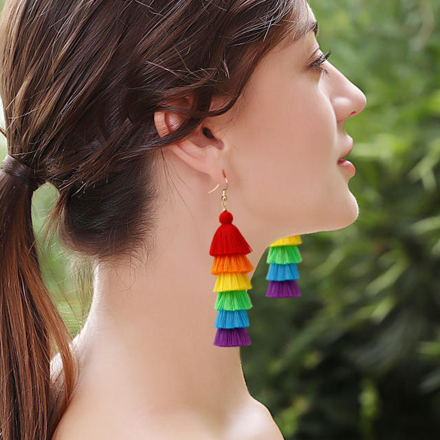 Boho rainbow tassel dangle earrings