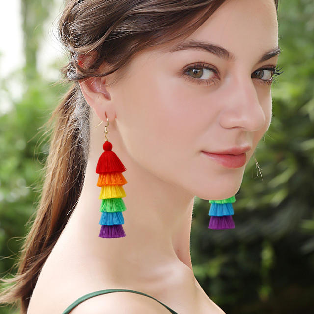 Boho rainbow tassel dangle earrings