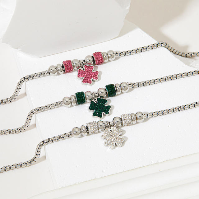 Colorful cubic zircon clover stainless steel charm bracelet