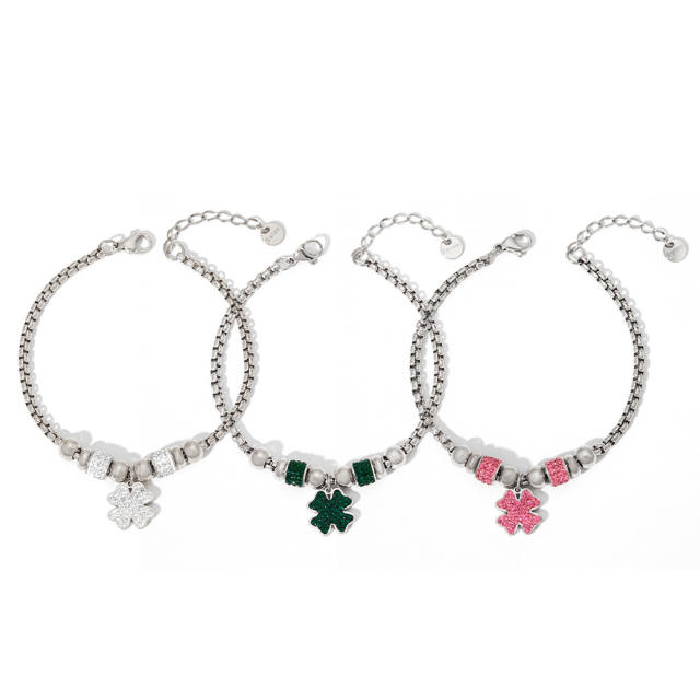 Colorful cubic zircon clover stainless steel charm bracelet