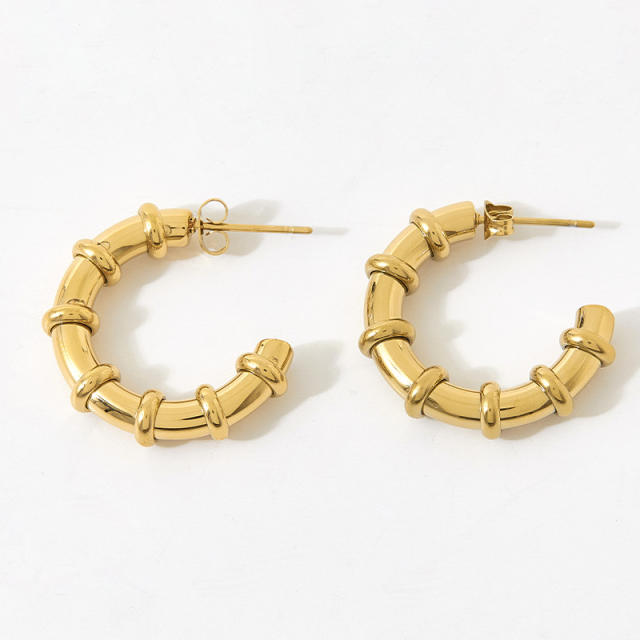 Chunky stainless steel bamboo hoop earrings