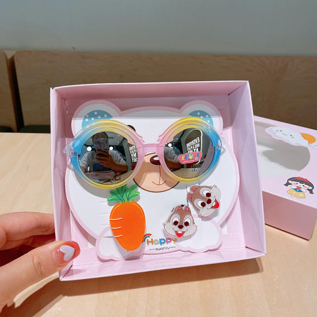 New design sweet animal kids hair clips sunglasses set